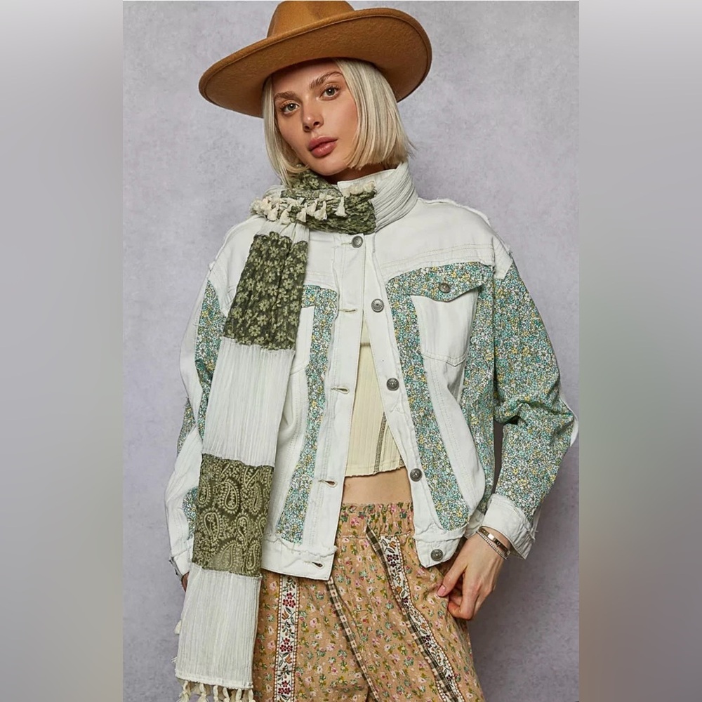POL Clothing Button Down Patchwork Denim Women’s Large White Jacket Floral New